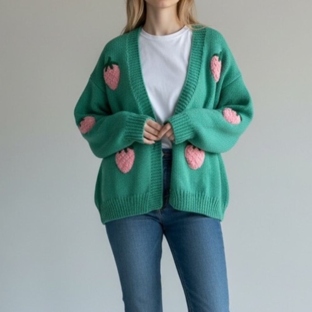 NWT Luna Ivy Chunky Green Strawberry 🍓 Cardigan Size M